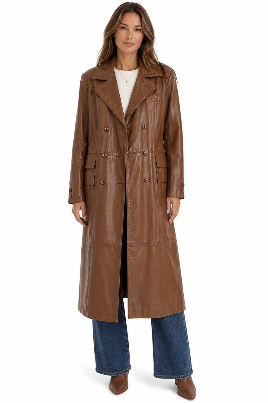 1970s The Tannery For Montgomery Ward Brown Leather Trench Coat M Long Coat